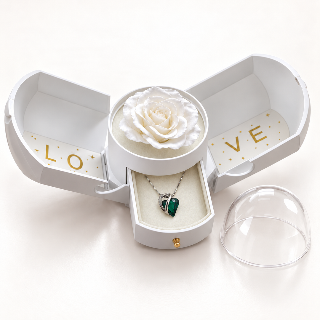 Embrace forest necklace in its assigned Rose Box, open with the jewellery drawer extended and clear dome removed.