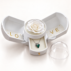 Embrace forest necklace in its assigned Rose Box, open with the jewellery drawer extended and clear dome removed.