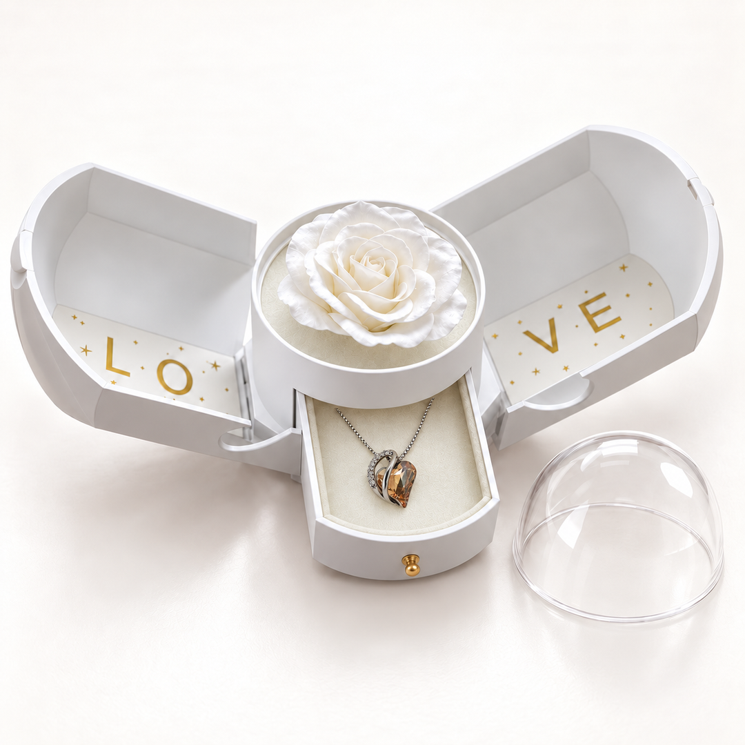 Embrace honey necklace in its assigned Rose Box, open with the jewellery drawer extended and clear dome removed.