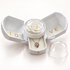 Embrace honey necklace in its assigned Rose Box, open with the jewellery drawer extended and clear dome removed.