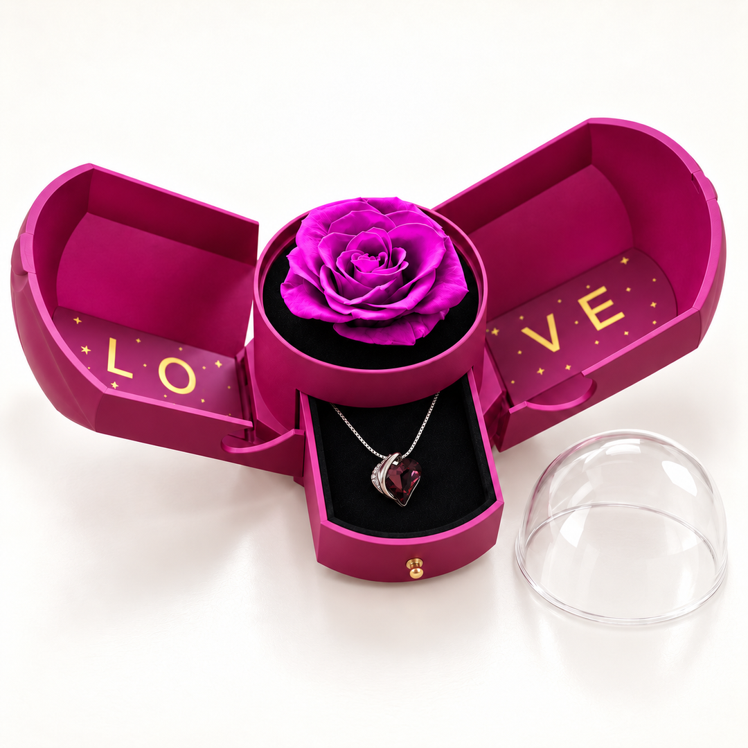 Embrace merlot necklace in its assigned Rose Box, open with the jewellery drawer extended and clear dome removed.