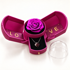 Embrace merlot necklace in its assigned Rose Box, open with the jewellery drawer extended and clear dome removed.