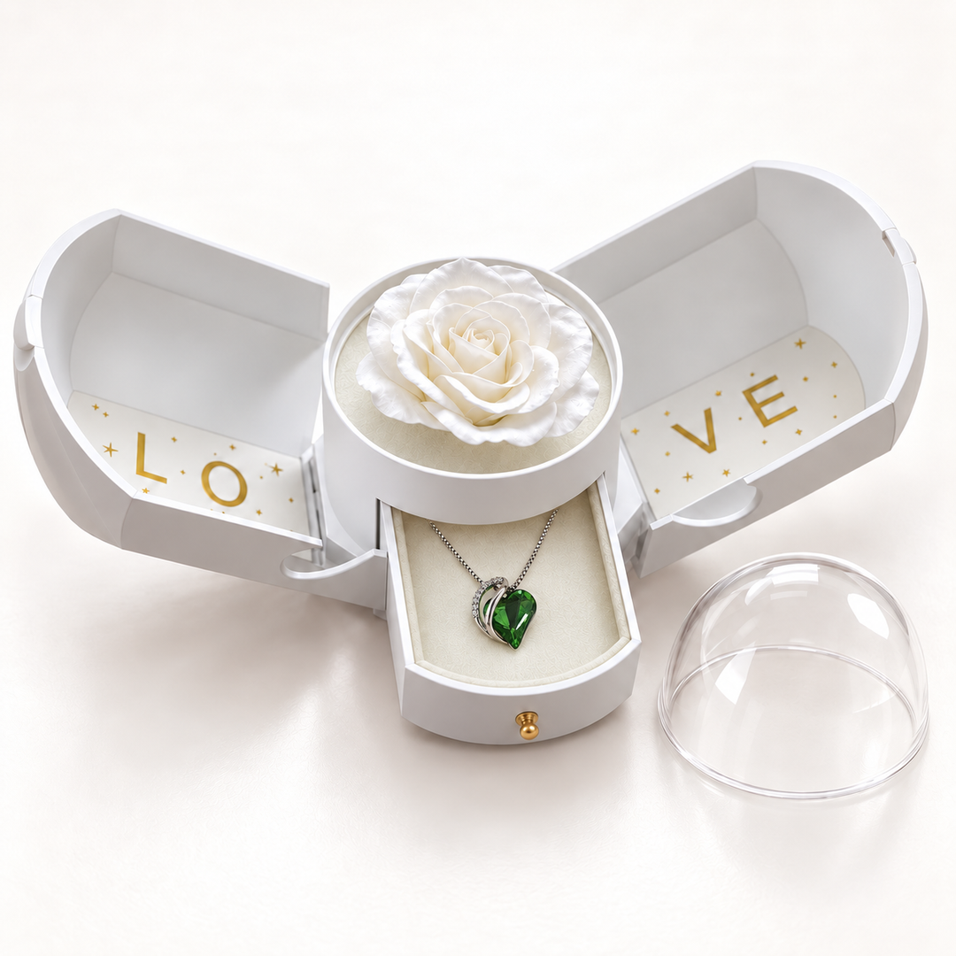 Embrace olive necklace in its assigned Rose Box, open with the jewellery drawer extended and clear dome removed.