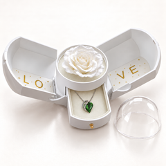 Embrace olive necklace in its assigned Rose Box, open with the jewellery drawer extended and clear dome removed.
