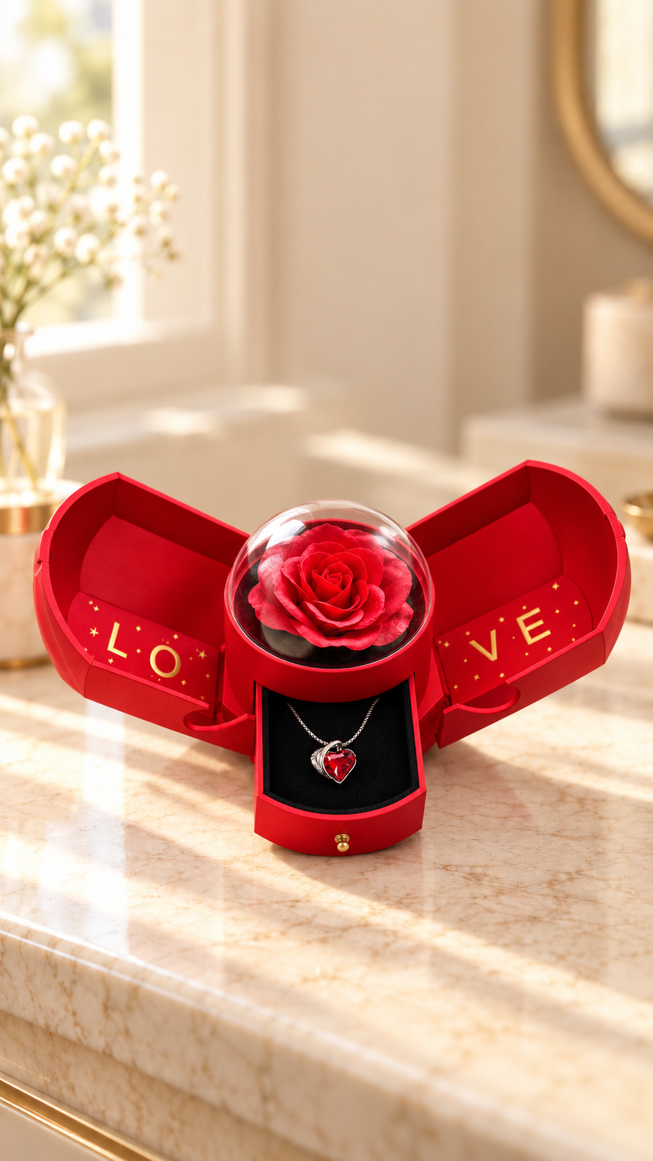 Scarlet Embrace in an open red Rose Box with the removable clear dome covering the flower.