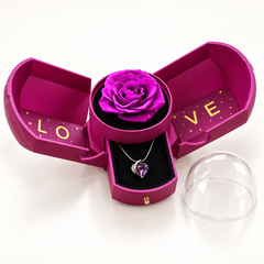 Embrace violet necklace in its matching Rose Box, with the sides open, drawer extended and removable clear dome alongside.