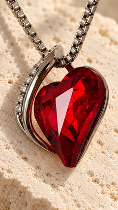 Macro detail of Embrace Scarlet’s faceted heart and silver-tone setting
