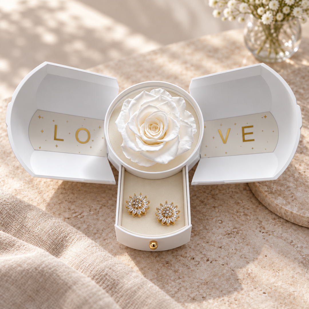 Bloom in Clear Gold inside the White Rose Box drawer