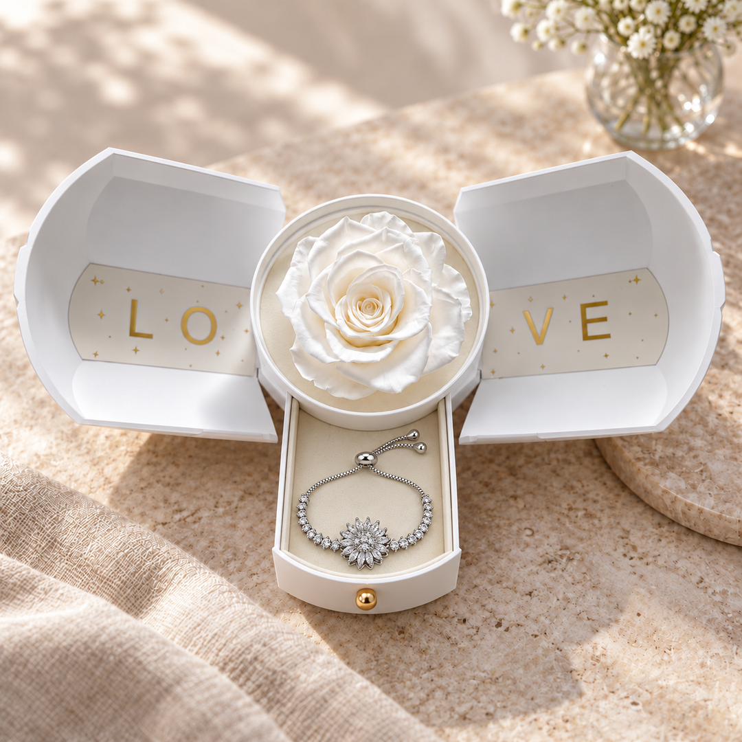 Blossom in Silver arranged inside the White Rose Box drawer