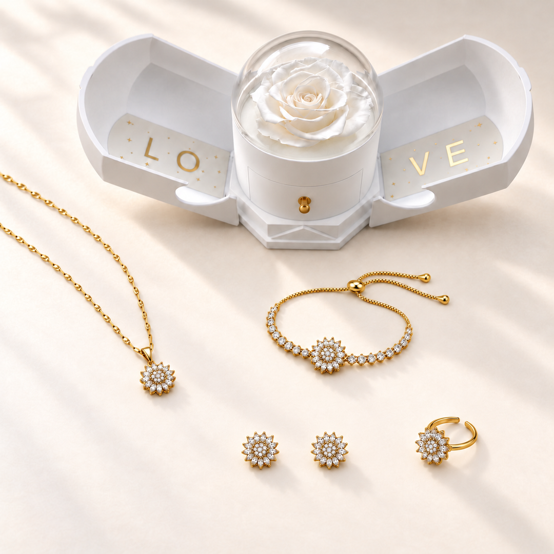 Flora Complete Clear Gold with necklace, earring pair, bracelet, ring and White Rose Box
