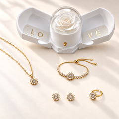 Flora Complete Clear Gold with necklace, earring pair, bracelet, ring and White Rose Box