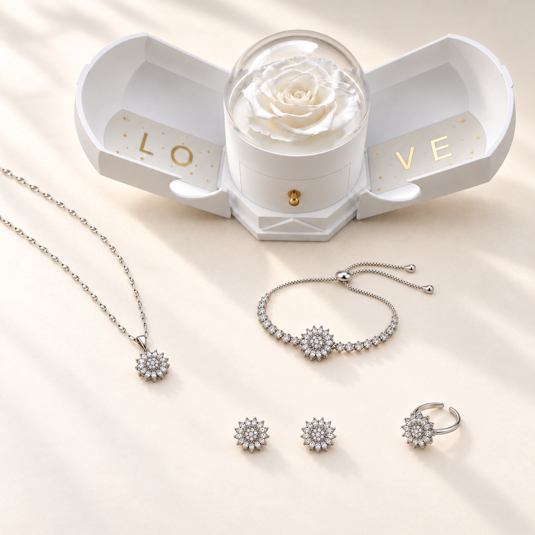Flora Complete Clear Silver with necklace, earring pair, bracelet, ring and White Rose Box