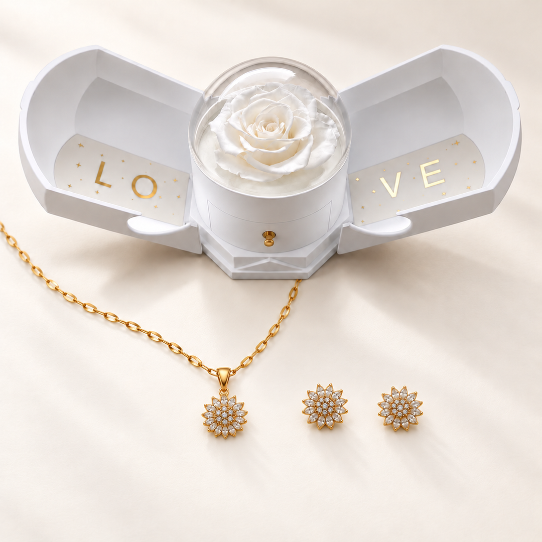 Flora Essential Clear Gold with necklace, two earrings and White Rose Box