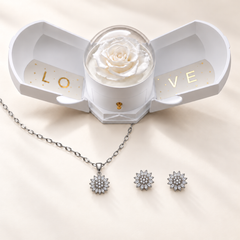 Flora Essential Clear Silver with necklace, earring pair and White Rose Box