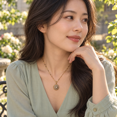 Flora Gold floral pendant styled with a sage blouse in a garden