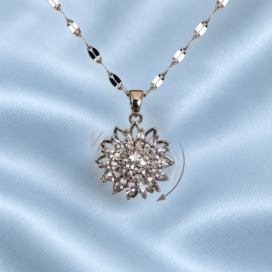 Flora Silver's rotating front flower illustrated with subtle motion trails and a directional arrow