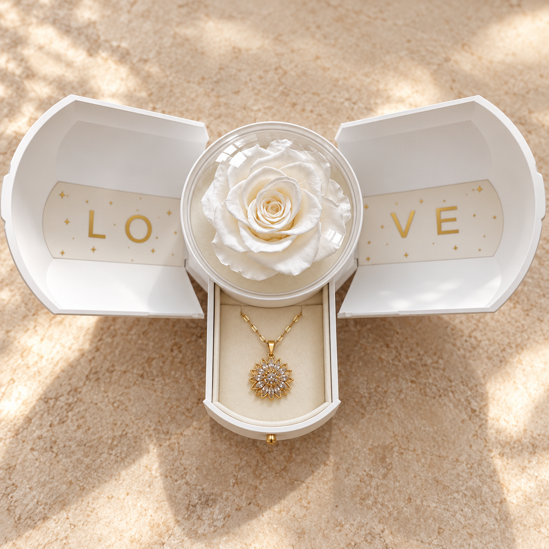 Flora Gold necklace in the lower drawer of its optional white Rose Box