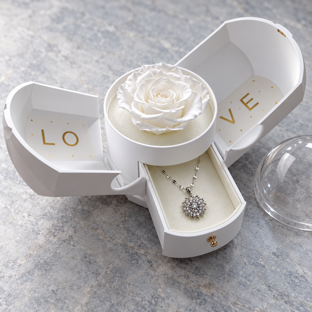 Flora Silver necklace in the lower drawer of its optional white Rose Box