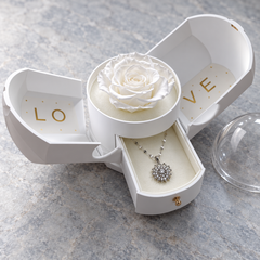 Flora Silver necklace in the lower drawer of its optional white Rose Box