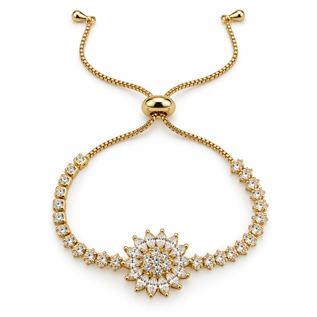 Blossom Gold bracelet with clear floral centre and sliding adjustment