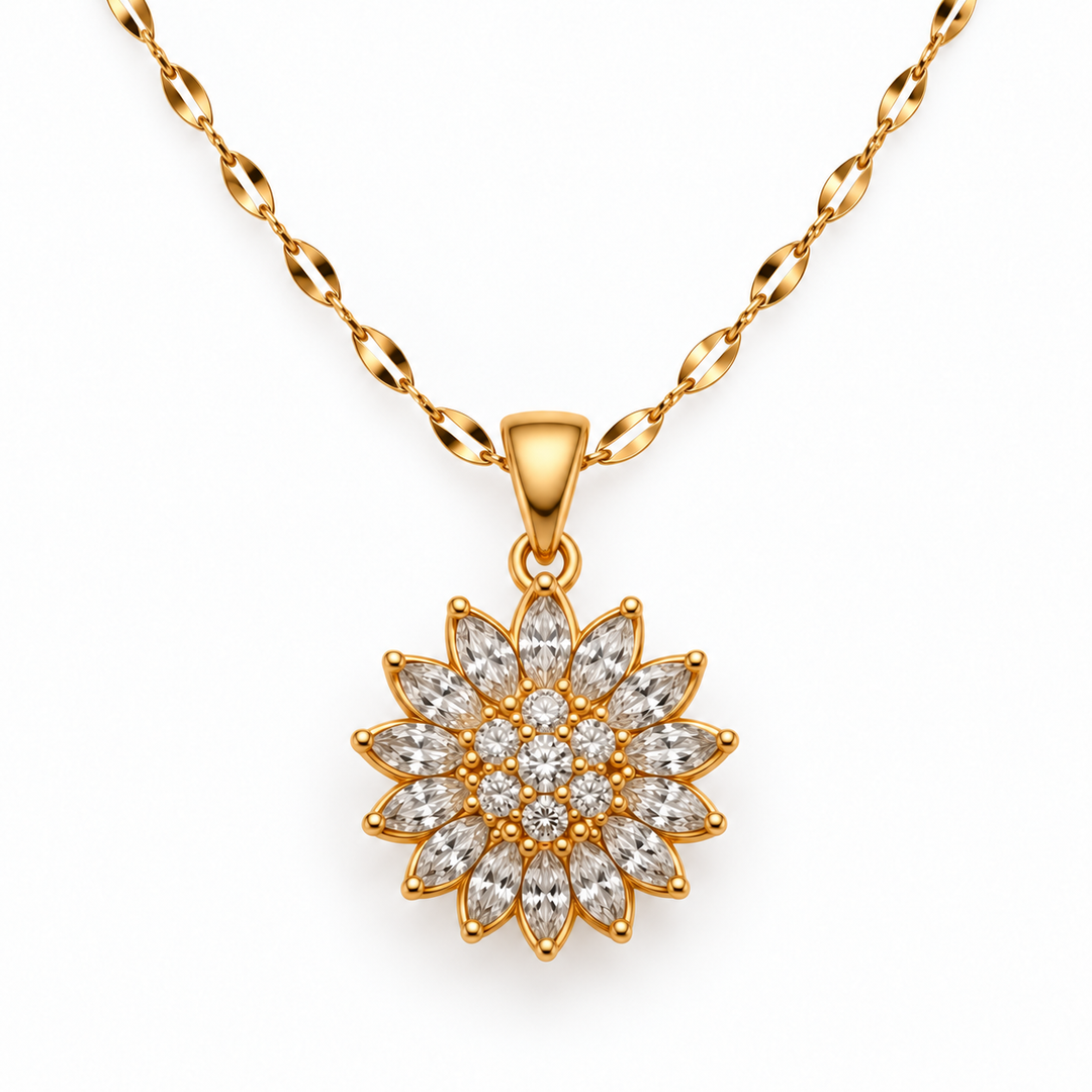 Flora Gold floral pendant with a short section of its flattened-link chain