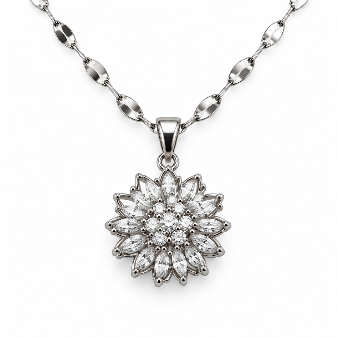 Flora Silver floral pendant with a short section of its flattened-link chain