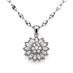 Flora Silver floral pendant with a short section of its flattened-link chain