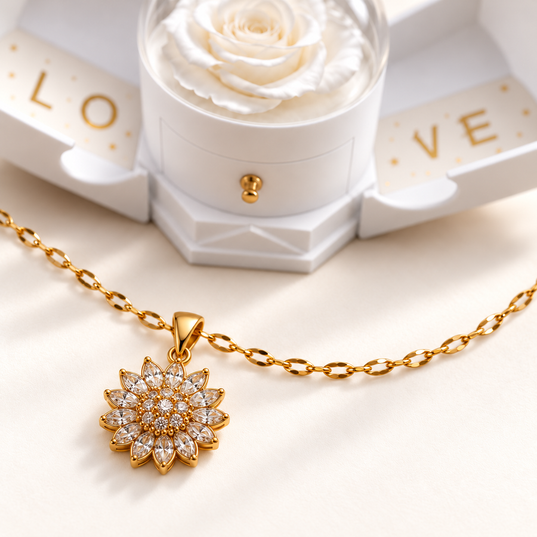 Close view of Flora Gold pendant with the optional white Rose Box behind