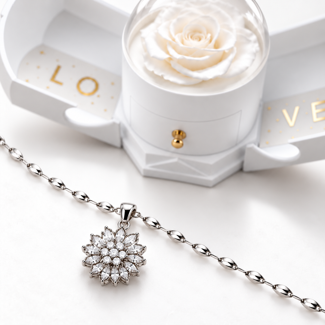 Close view of Flora Silver pendant with the optional white Rose Box behind