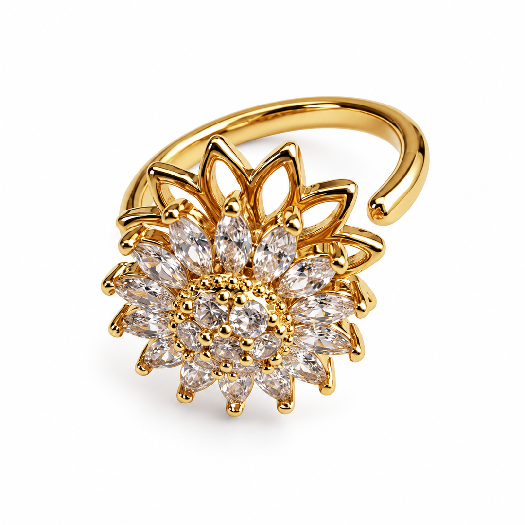 Petal in Gold with clear-stone flower and open band