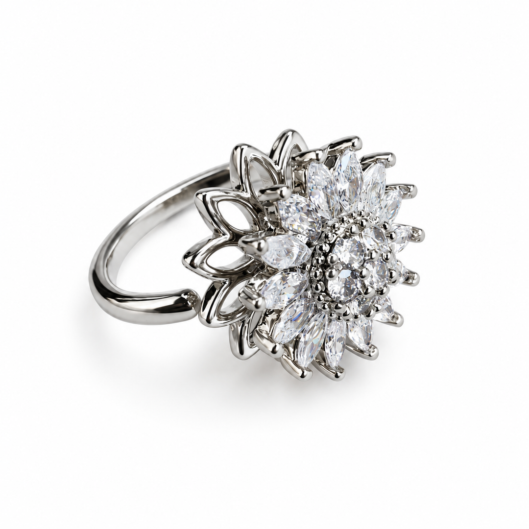 Petal in Silver with clear-stone flower and open band