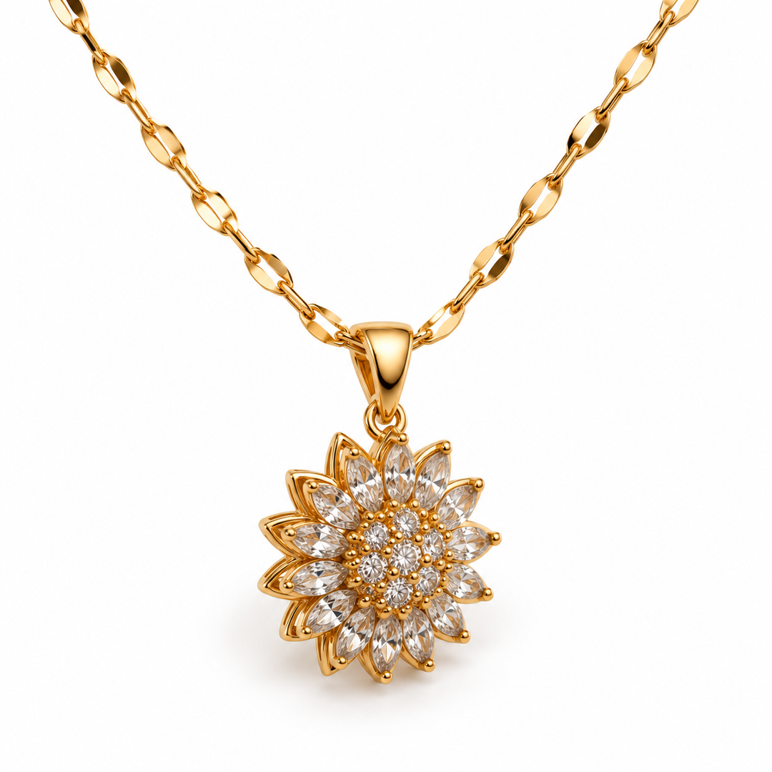 Close-up of Flora Gold showing clear stone petals above the openwork floral base
