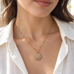 Flora Gold styled with an ivory linen shirt