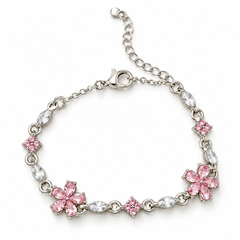 Floret single-strand pink bracelet with two five-petal flowers and round silver-tone links