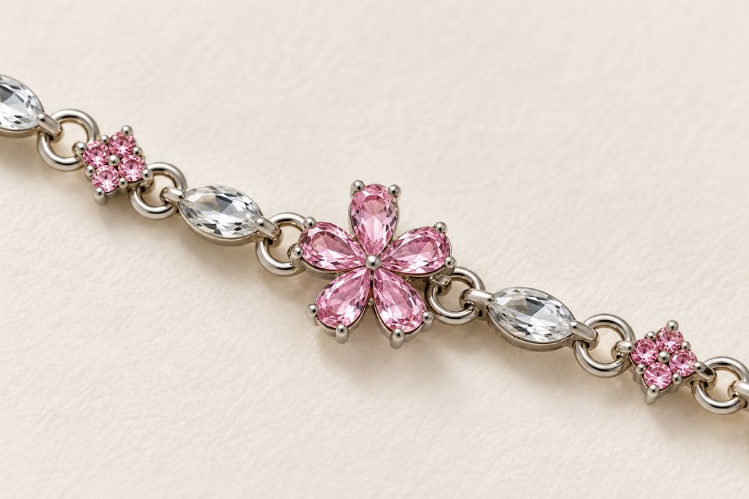 Floret five-petal pink flower, clear stones and open circular connecting rings