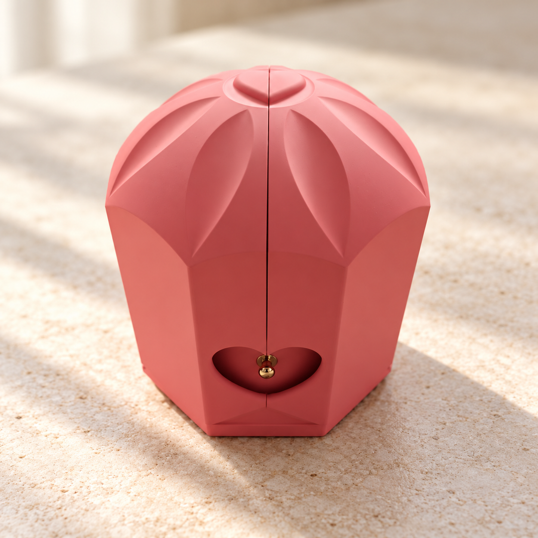 Closed pink Rose Box showing the sculpted petal crown and heart-shaped drawer recess
