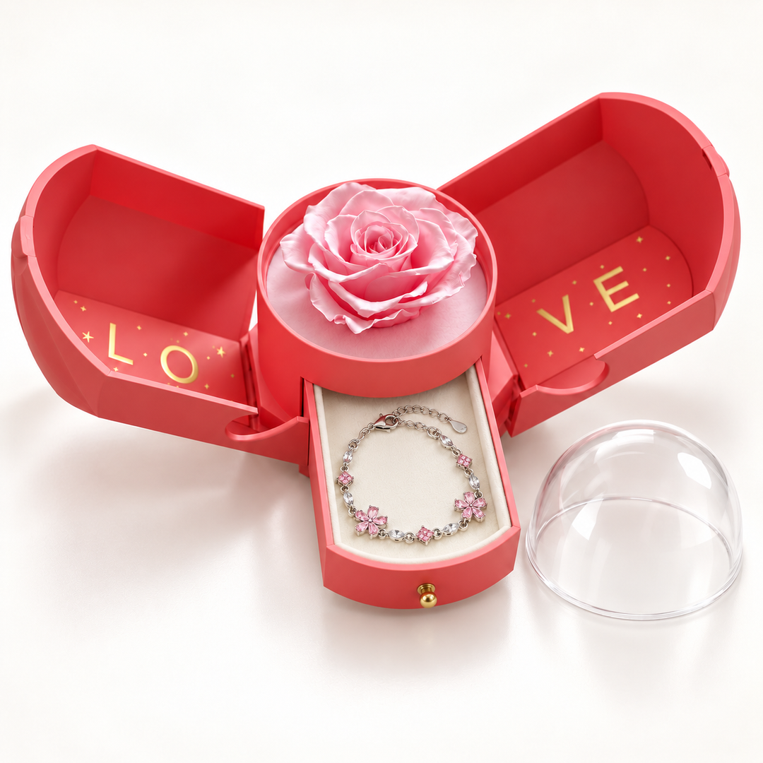 One Floret pink floral bracelet in the open pink Rose Box drawer, with the clear dome beside it