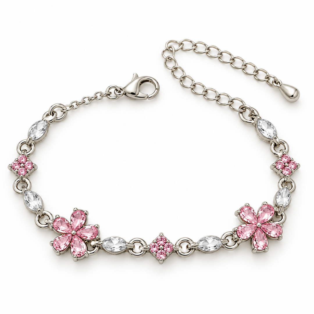 One Floret pink floral bracelet on white, with a single lobster clasp and extension chain