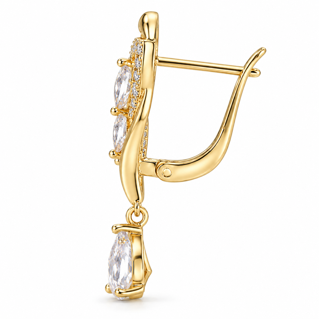 Side view of Iris Clear Gold earring showing the straight pierced post and hinged back