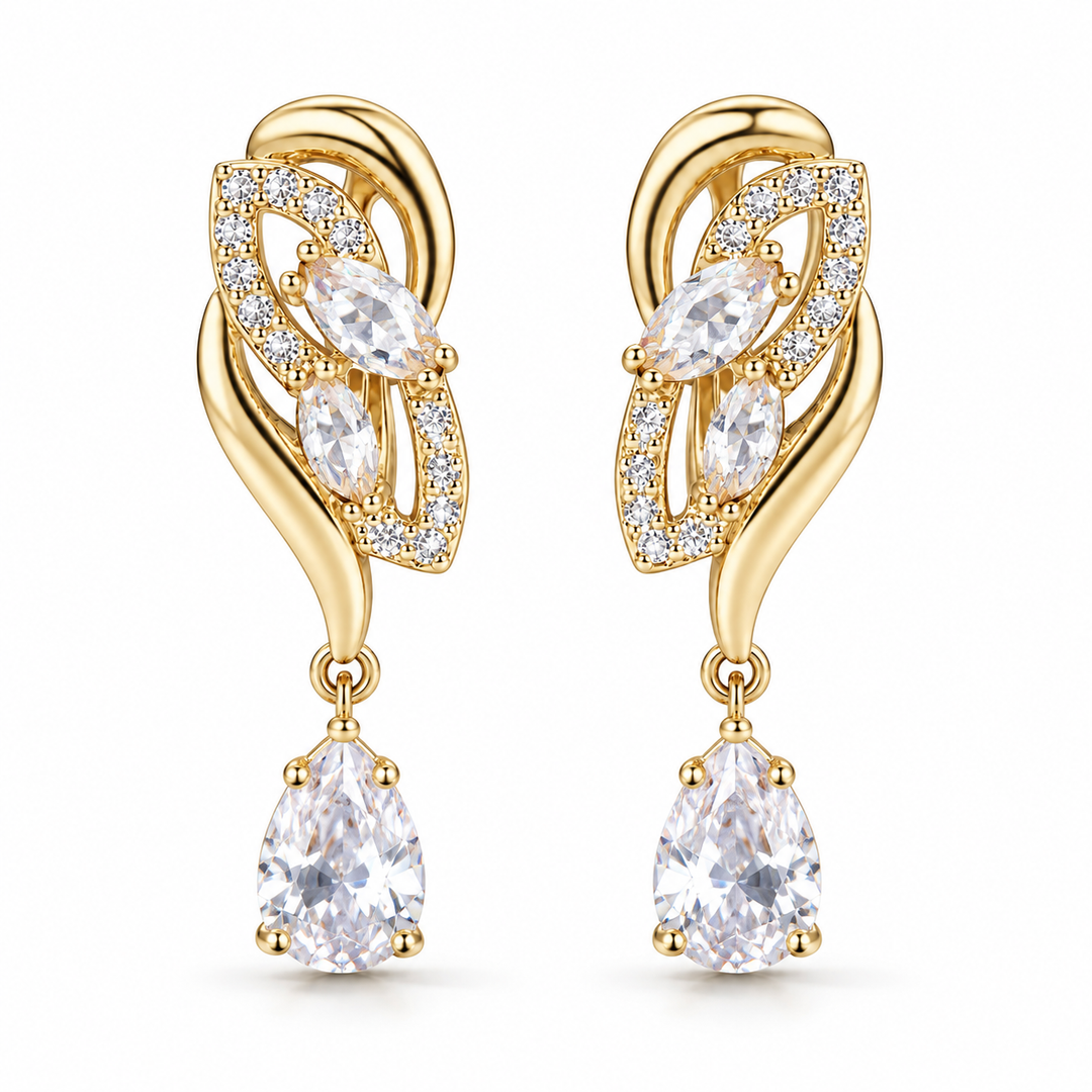 Iris Clear earrings in Gold, front view of the pair