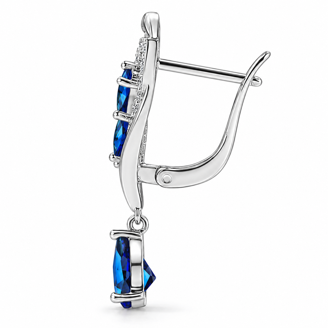 Side profile of an Iris Cobalt earring showing the straight post and open hinged back