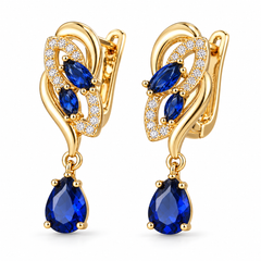 Iris Cobalt Gold earrings, angled pair showing the leaf and drop settings