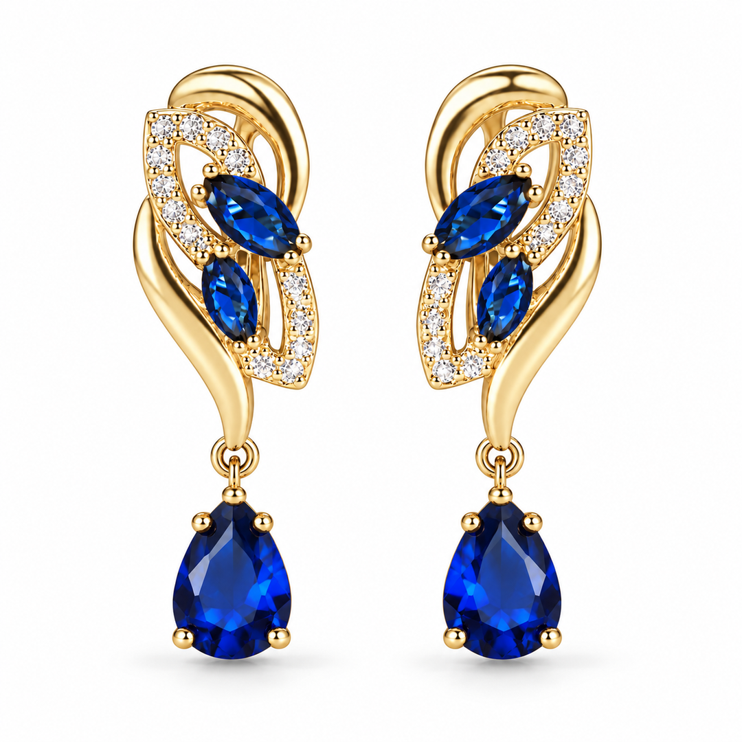 Iris Cobalt earrings in Gold, front view of the pair