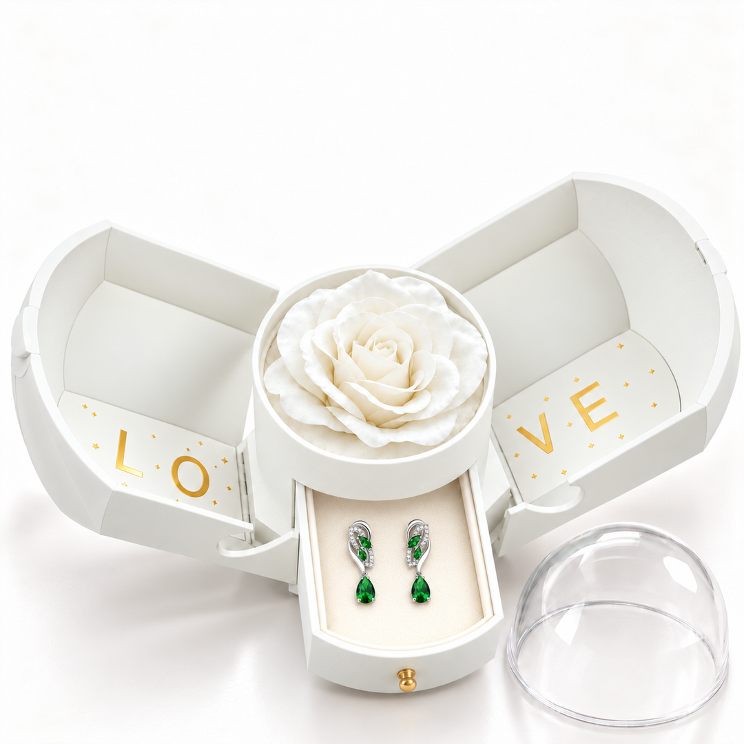 Iris Forest Silver earrings, one pair in the open white Rose Box drawer, with the matching rose and clear dome alongside