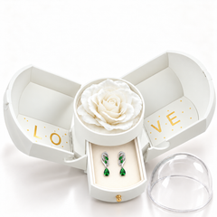 Iris Forest Silver earrings, one pair in the open white Rose Box drawer, with the matching rose and clear dome alongside