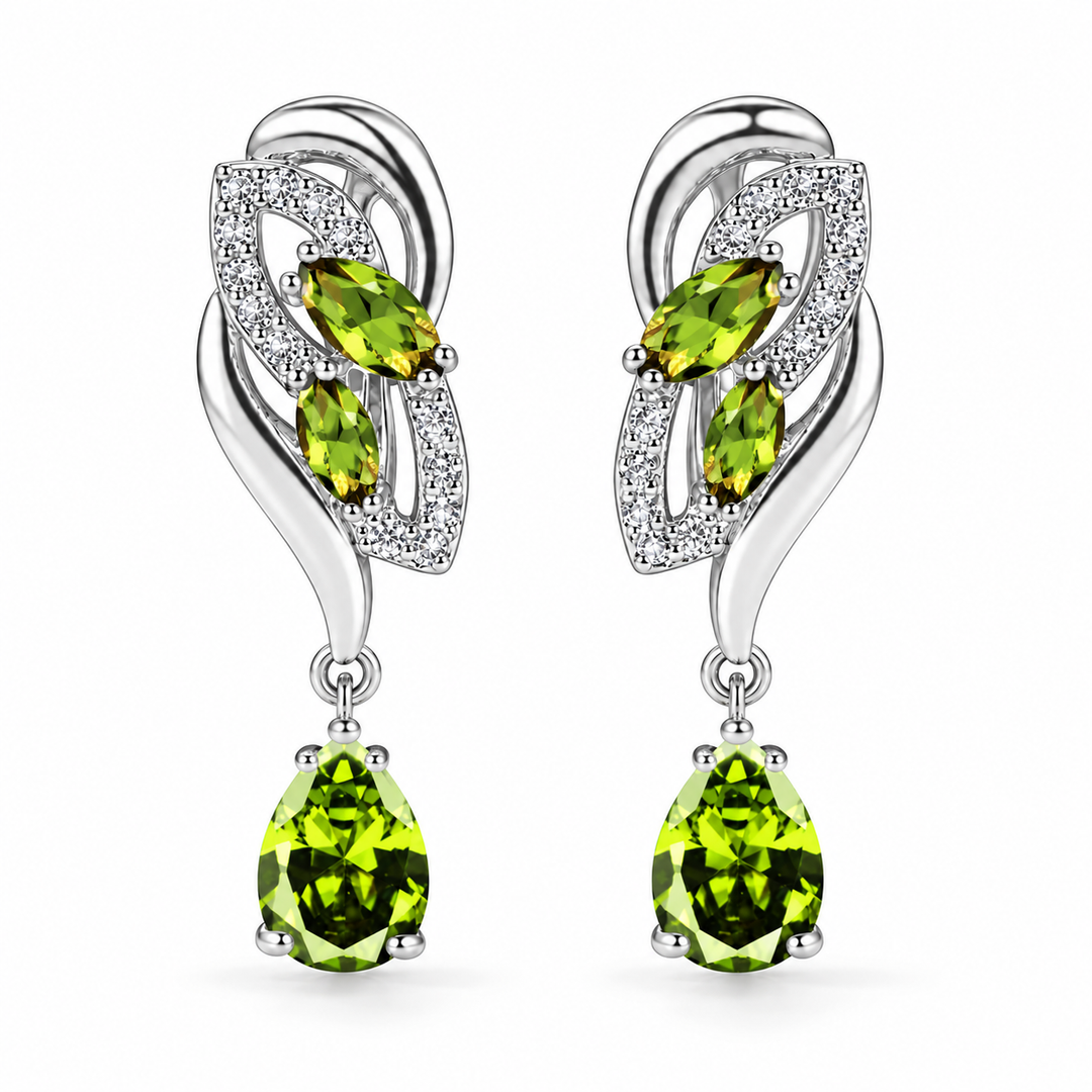 Iris Drop Earrings in Lime, a matching pair with a silver leaf-inspired setting and faceted pear drops on white