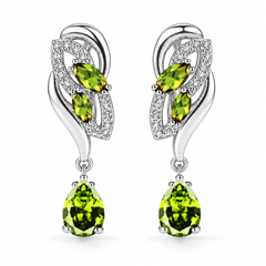 Iris Drop Earrings in Lime, a matching pair with a silver leaf-inspired setting and faceted pear drops on white