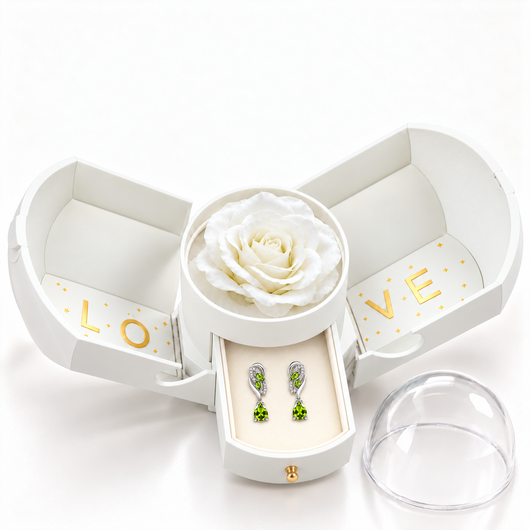 Iris Lime Silver earrings, one pair in the open white Rose Box drawer, with the matching rose and clear dome alongside