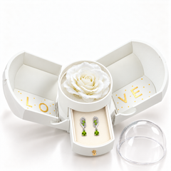 Iris Lime Silver earrings, one pair in the open white Rose Box drawer, with the matching rose and clear dome alongside