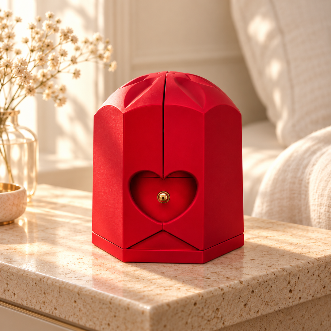 Closed red Rose Box with its sculpted crown and heart-shaped front detail on pale stone